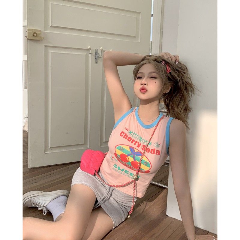 Sweet hot girl printed camisole women's summer pure lust style racer slim fit sleeveless inner wear short top