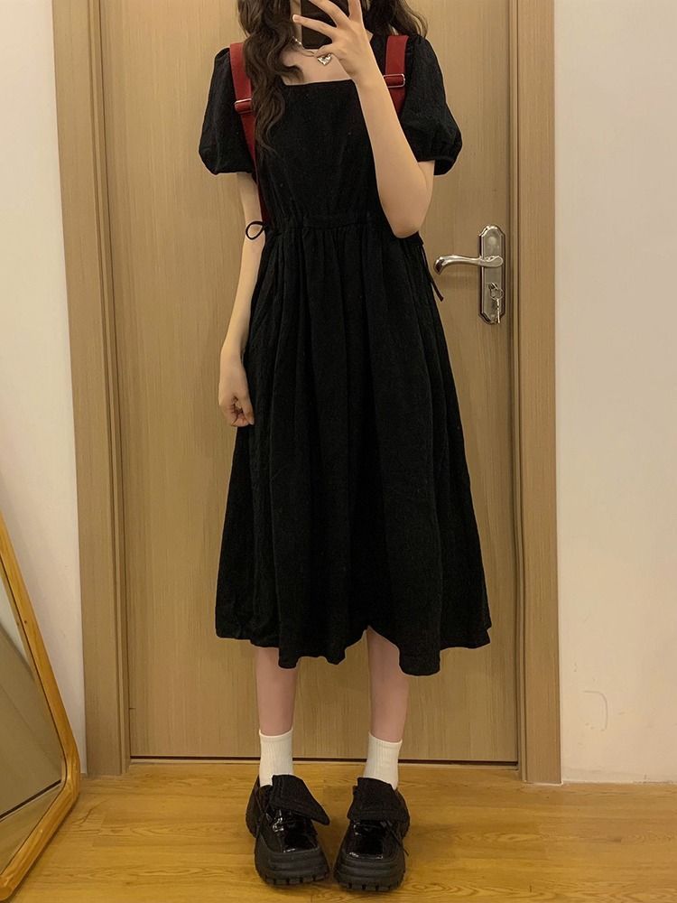 法式高級感黑色連衣裙女夏別致收腰大碼顯瘦方領泡泡袖氣質長裙子