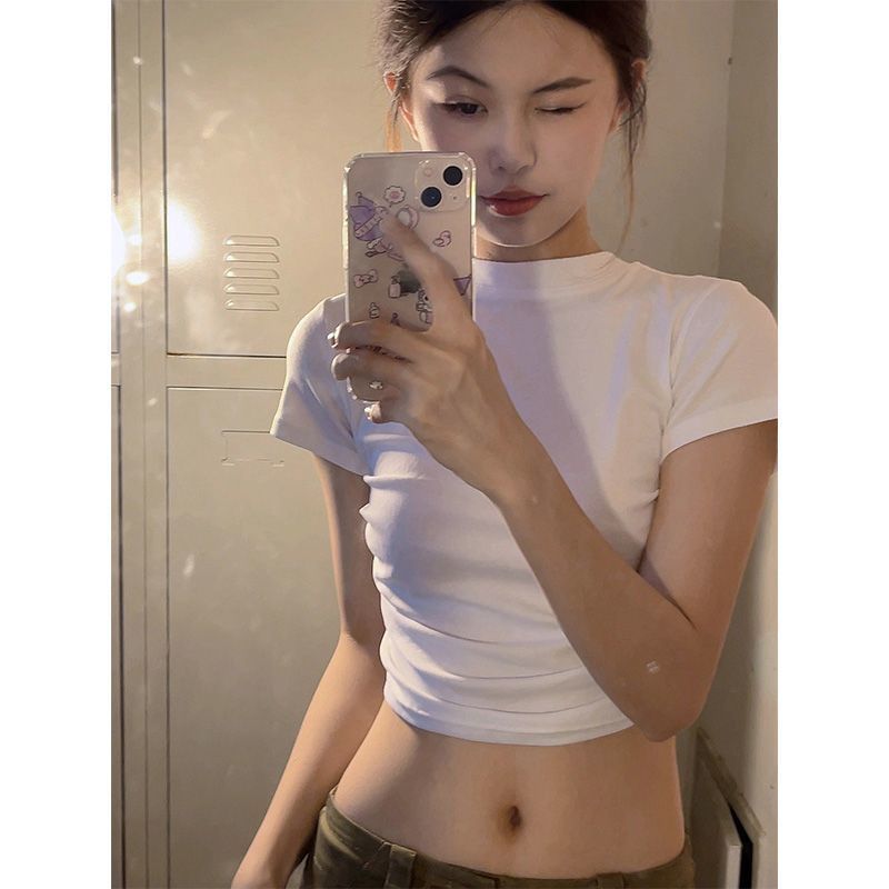 Hot girl front shoulder white short-sleeved t-shirt female ins slim fit niche design sense short Hyuna wind top hot girl
