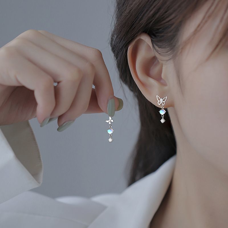 925純銀月光石蝴蝶耳釘夏季女2023年新款潮耳環女高級感輕奢耳飾