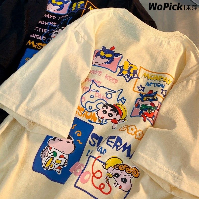 Heavy cotton Crayon Shin-chan printed short-sleeved T-shirt for women 2023 new loose Korean style American top
