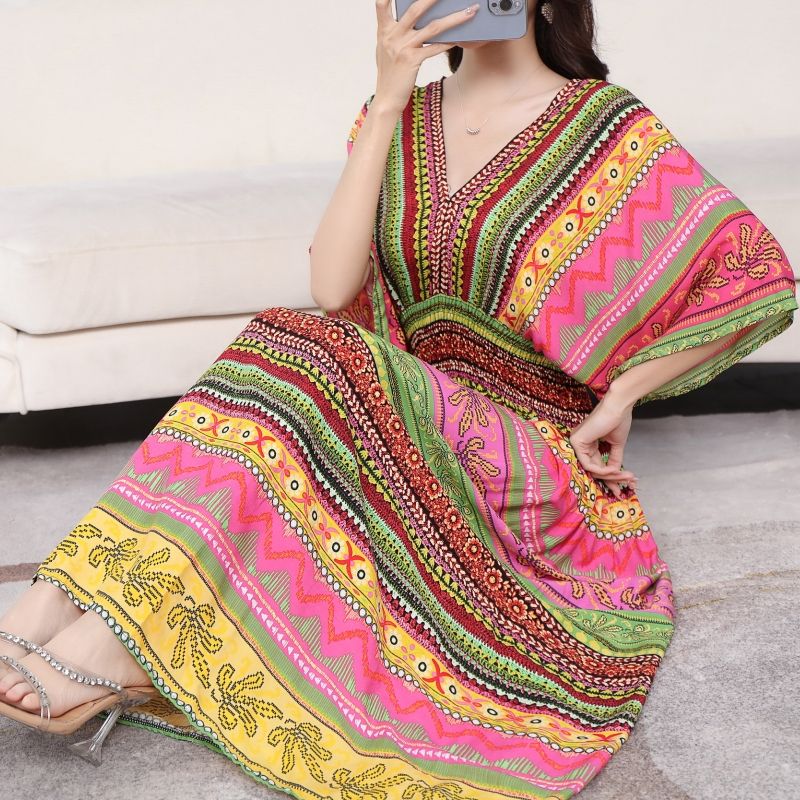 Summer ethnic style cotton silk floral dress seaside holiday artificial cotton fairy skirt large size belly-covering long skirt