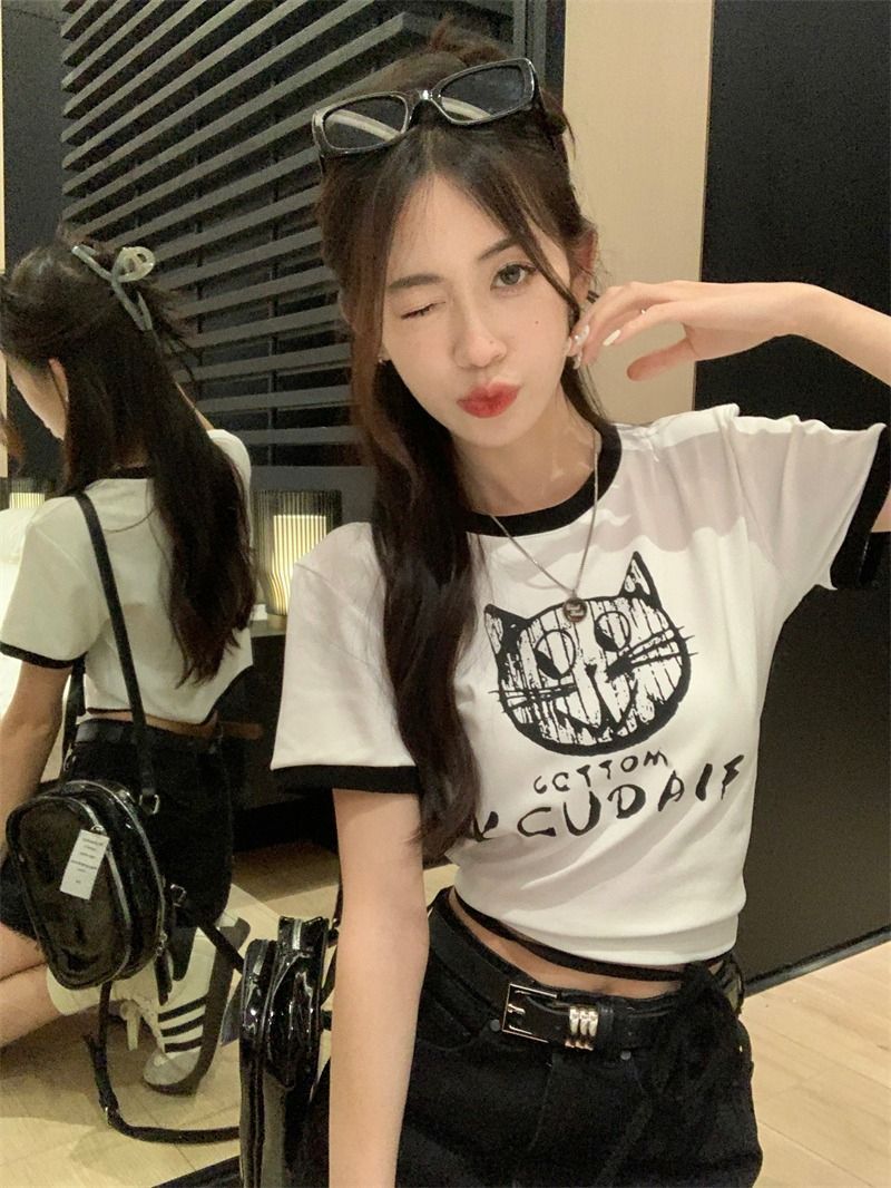 Color-blocking shoulder short-sleeved T-shirt women's summer  new cat letter printing slim fit and thin short top ins