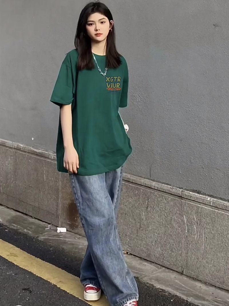 100% American hiphop short-sleeved dark green T-shirt women's summer loose casual clothing trend