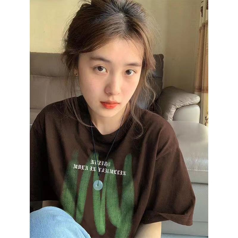 美式復古短袖t恤女夏季2023新款韓版ins寬鬆小眾設計感印花上衣潮