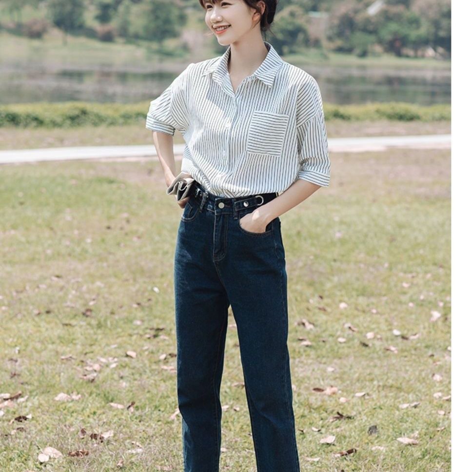 Grigio summer loose top women's striped shirt short-sleeved Korean style POLO collar casual versatile shirt trendy