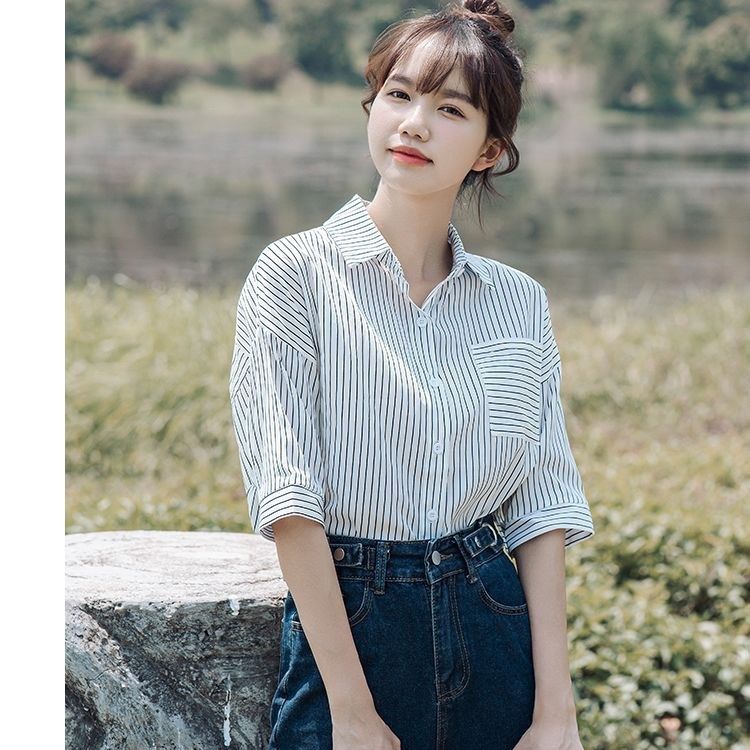 Grigio summer loose top women's striped shirt short-sleeved Korean style POLO collar casual versatile shirt trendy