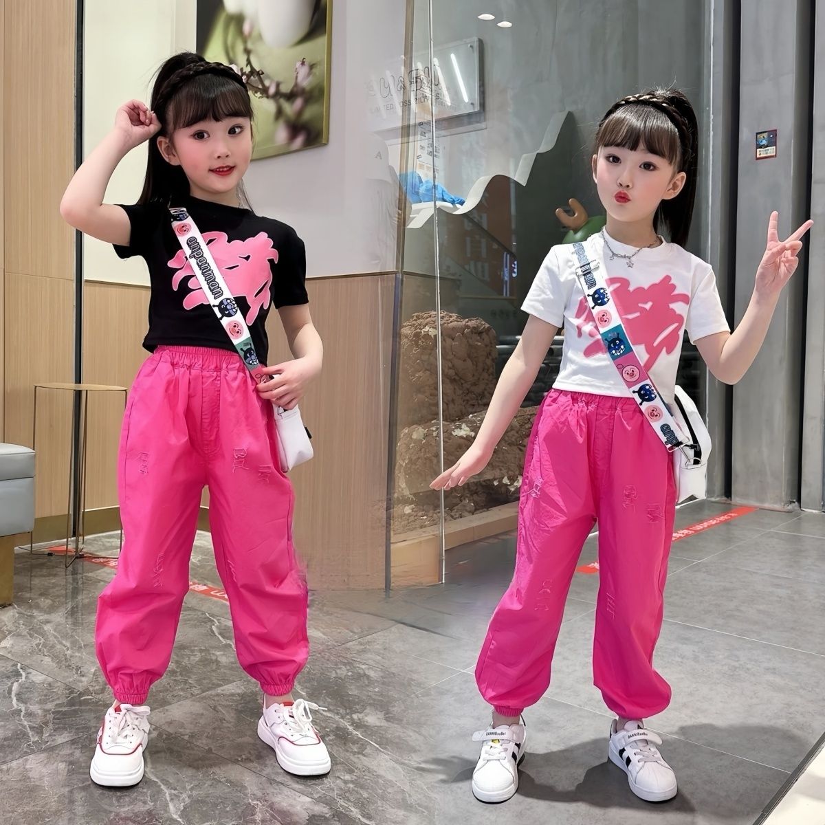 女童夏季套裝洋氣塗鴉短袖T恤夏季薄款褲子潮流小女孩網紅兩件套