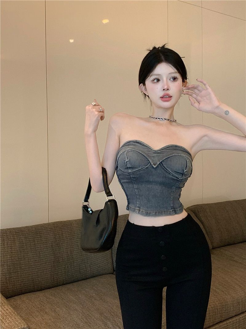 Hot girl retro denim tube top for women 2024 spring and summer new slim fit inner short tube top