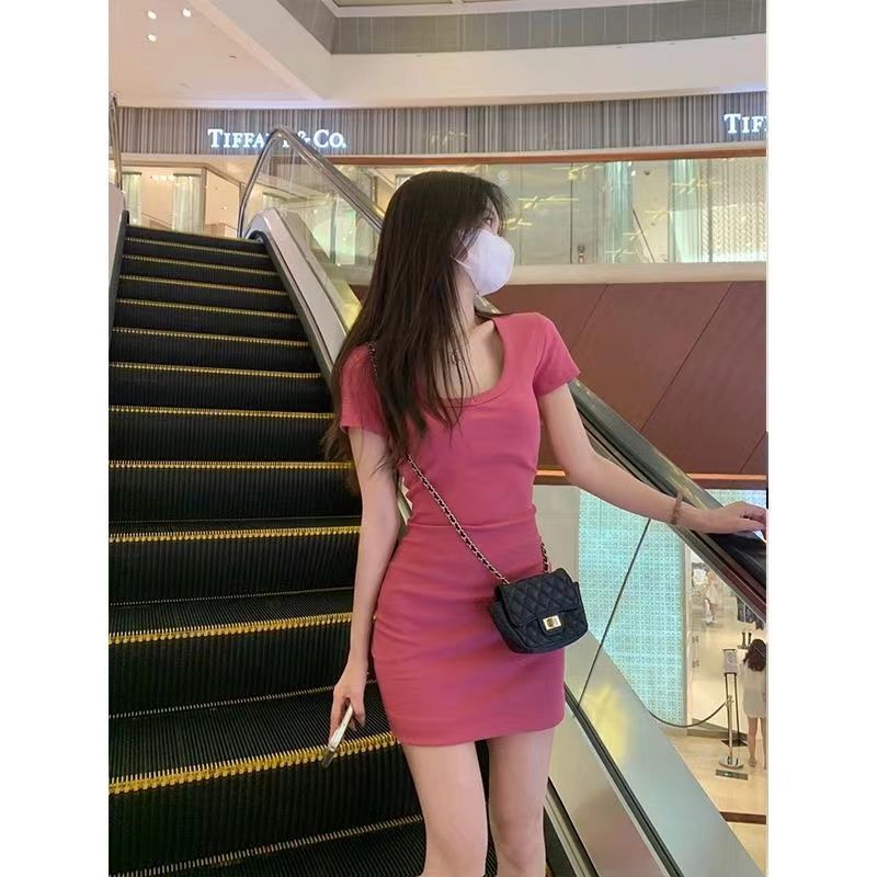 Pure desire style hot girl front shoulder short-sleeved dress female summer high waist self-cultivation slim and small bag hip skirt