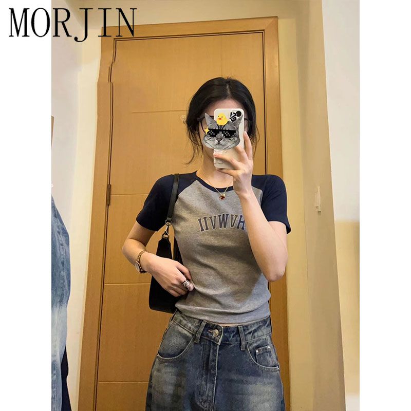 MORJIN American retro raglan shoulder hit color short-sleeved t-shirt women's summer slim fit hot girl short top tide