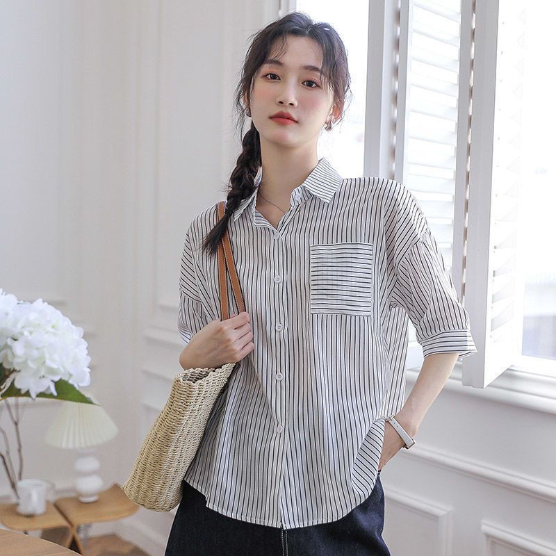 Grigio striped shirt women's short-sleeved summer new temperament age-reducing sweet shirt loose polo collar top