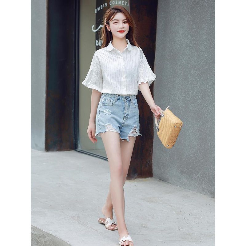 Grigio short-sleeved pure cotton white shirt women's lotus leaf sleeve summer new style small fresh loose versatile belly-covering top
