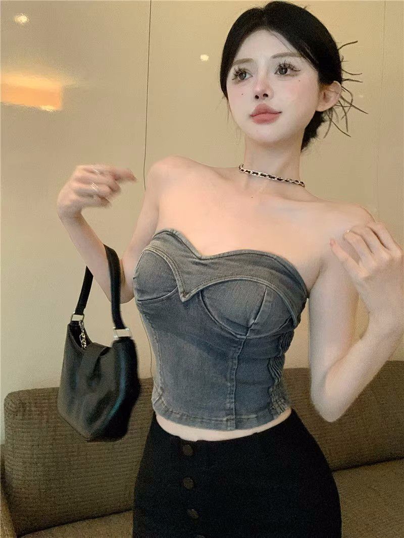 Hot girl retro denim tube top for women 2024 spring and summer new slim fit inner short tube top