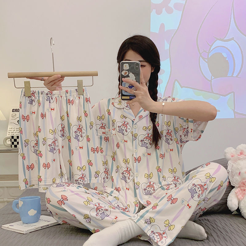 Cartoon pajamas women's summer cotton short-sleeved shorts trousers three-piece suit can be worn outside thin section home service summer