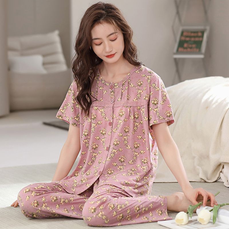 M-5XL high-grade 100% cotton short-sleeved pajamas ladies cardigan large size mother home service cotton suit summer