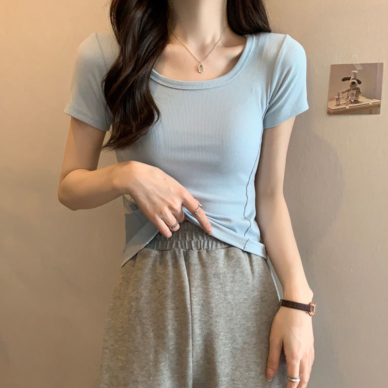 White round neck herringbone line short-sleeved t-shirt women 2023 summer inner wear solid color pure desire slim short simple top