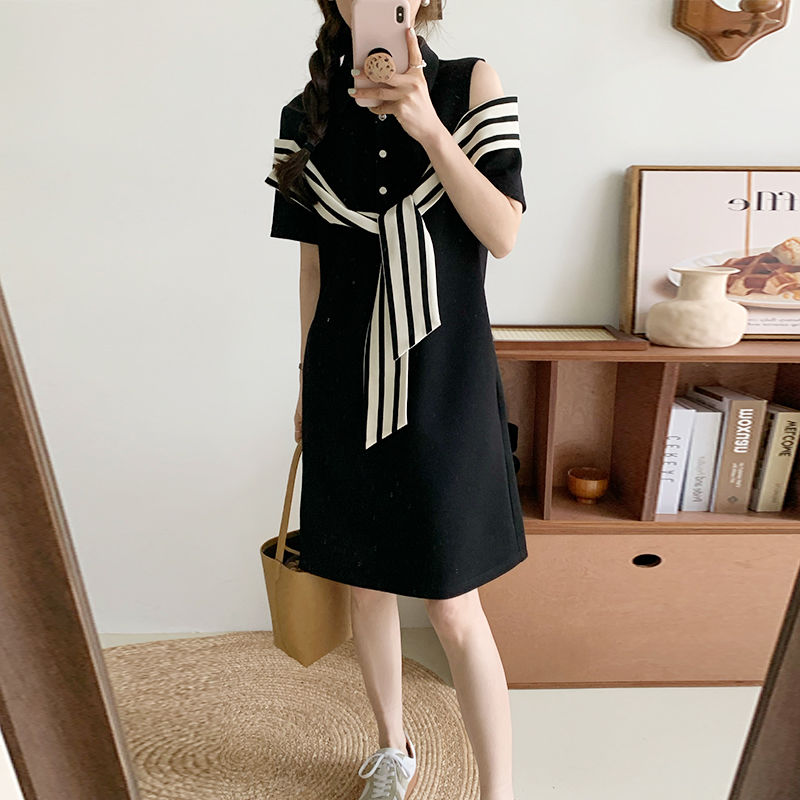 Striped shawl POLO collar off-the-shoulder dress fat MM extra large size 300 catties loose belly cover thin simple skirt