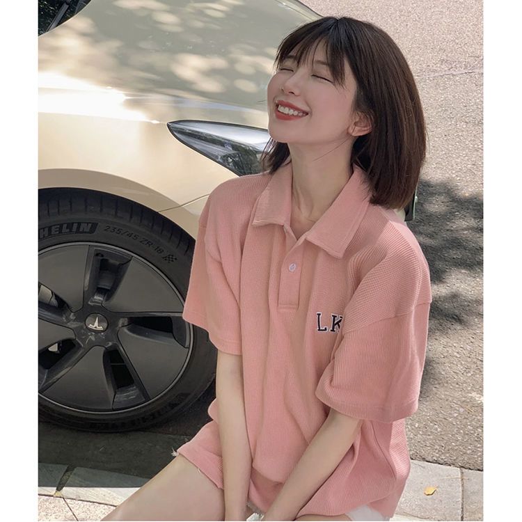 Pink waffle short-sleeved polo shirt women's summer Korean letter printing loose ins college style lapel half-sleeve