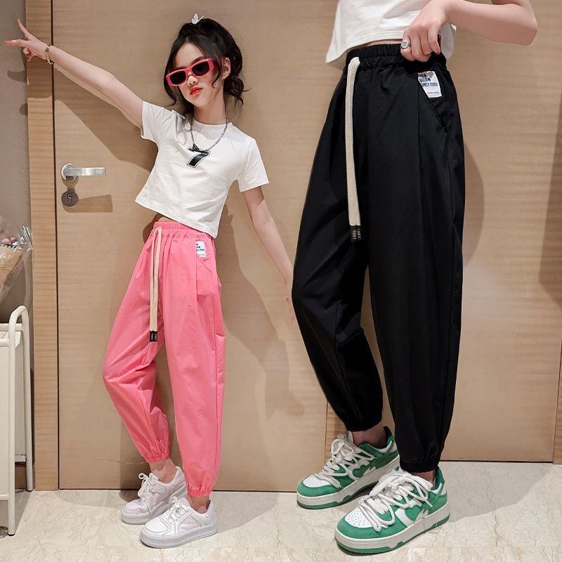 女童夏季冰絲速干褲薄款洋氣大童休閒運動寬鬆時髦夏裝兒童防蚊褲