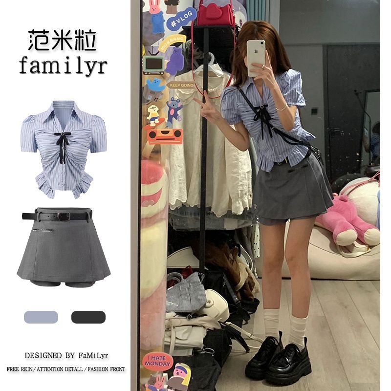 美式辣妹學院風炸街套裝女夏季設計感小眾短袖襯衫+高腰半身裙褲