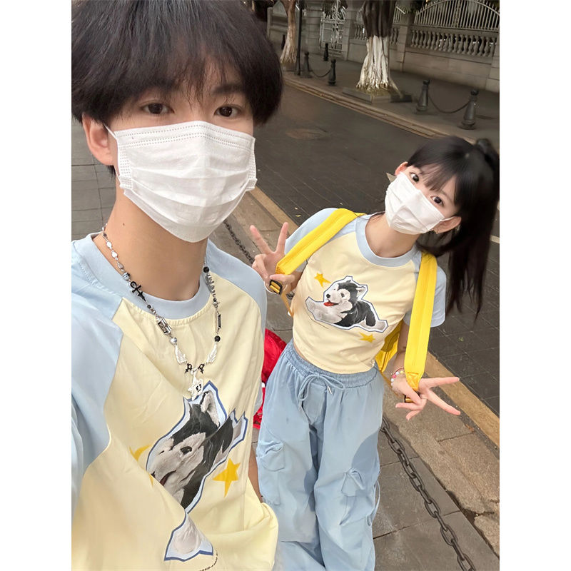 100% cotton Japanese retro color matching cute dog short-sleeved T-shirt women's loose casual couple raglan sleeve top