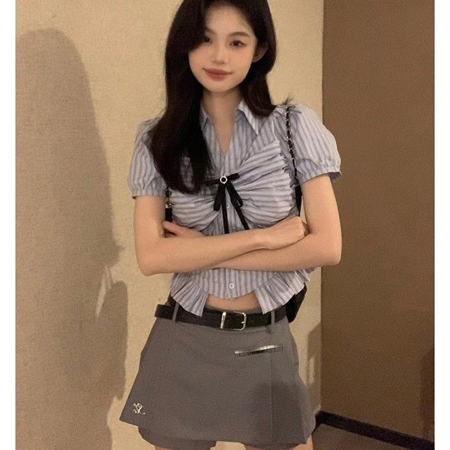 大碼學院風蝴蝶結短袖上衣女夏季高腰半身裙辣妹純欲胖mm短裙套裝