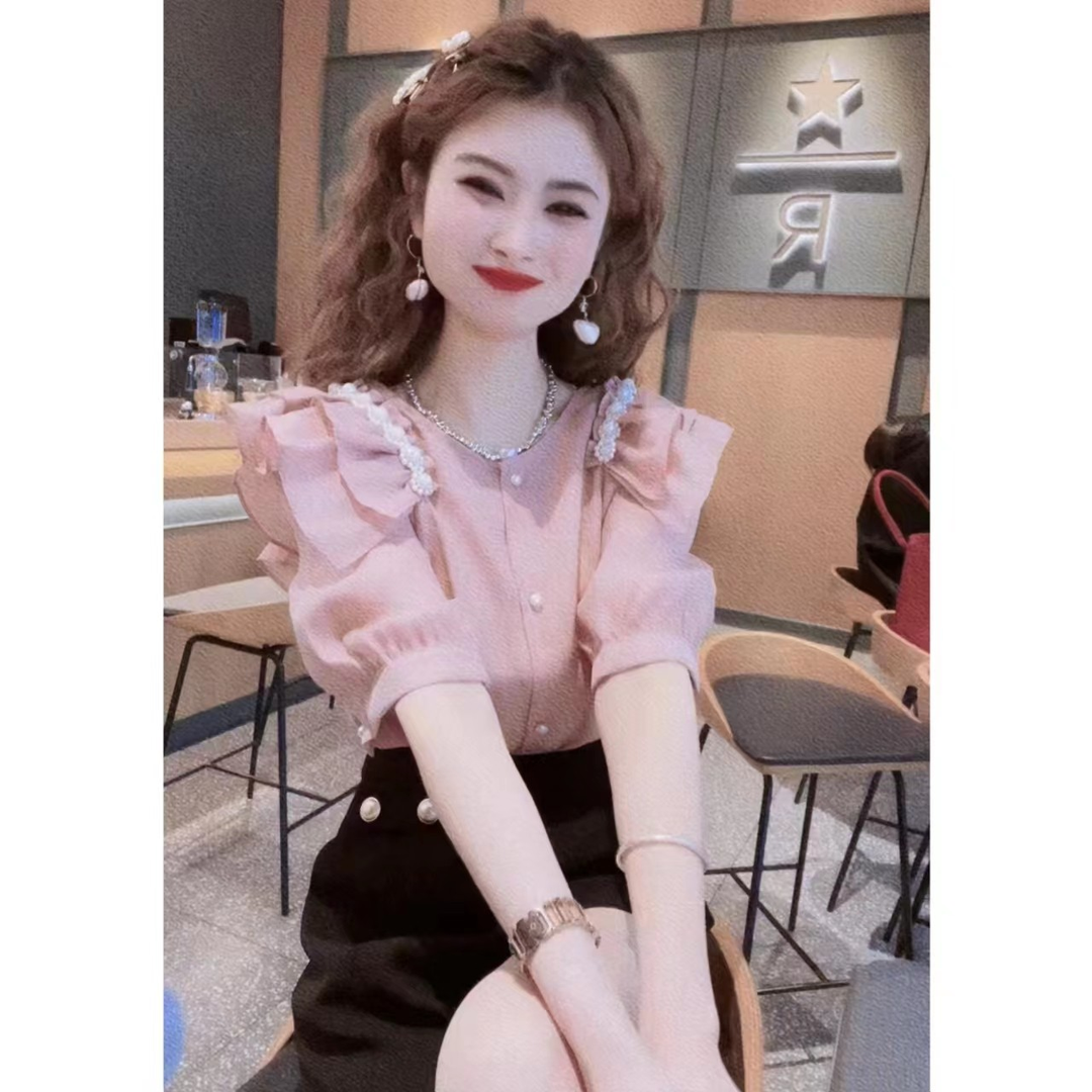 韩版甜美钉珠荷叶边圆领短袖衬衫女夏季小众设计高级感宽松上衣潮