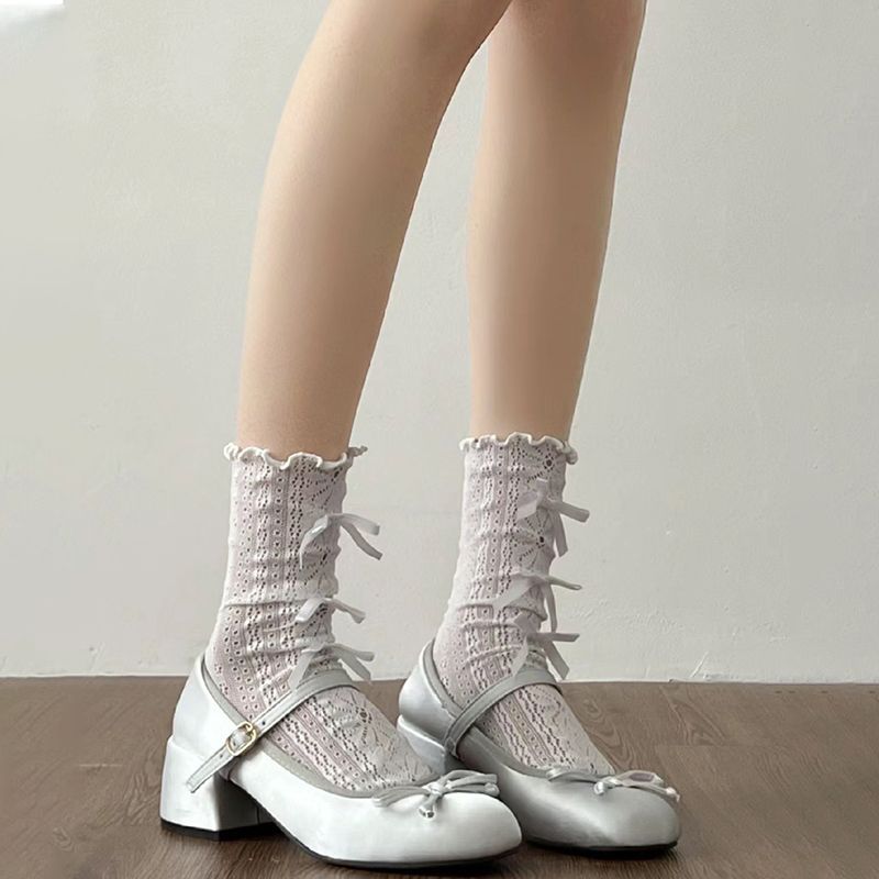 芭蕾风花朵蝴蝶结蕾丝花边中筒网袜新款玛丽珍白色袜子女春秋夏季
