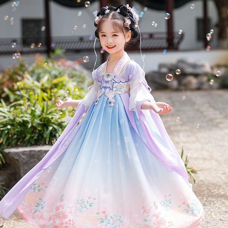 女童2023春夏新款齊胸襦裙中國風連衣裙飄紗兒童中國風刺繡漢服裙