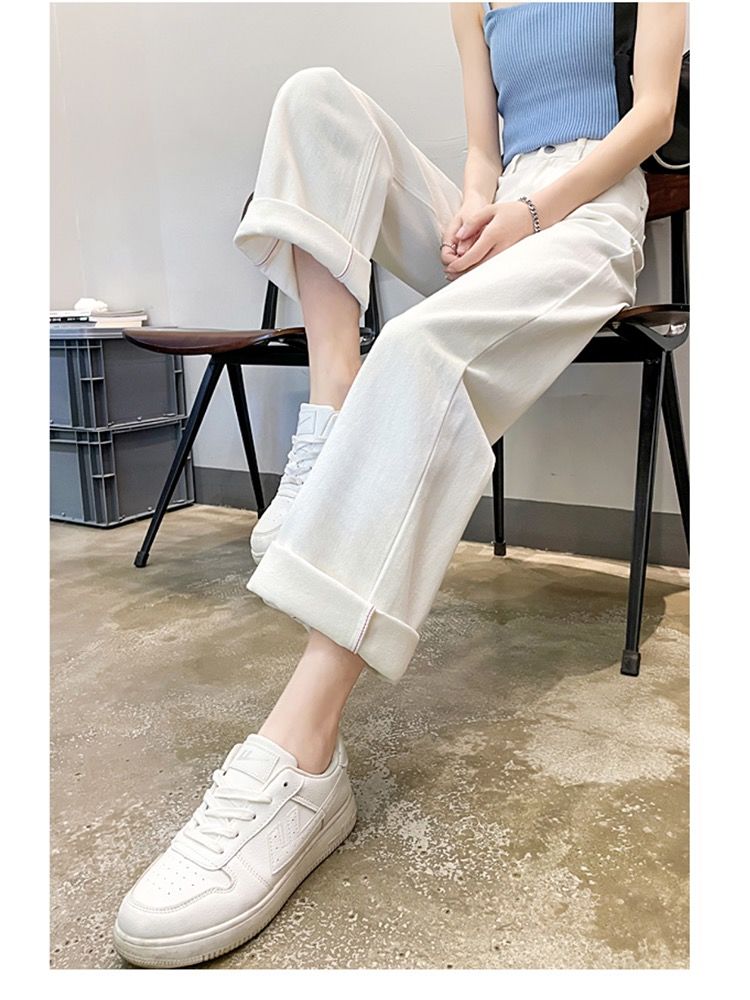 YSYOURS白色闊腿牛仔褲女高腰寬鬆顯瘦百搭直筒大碼春夏拖地褲子