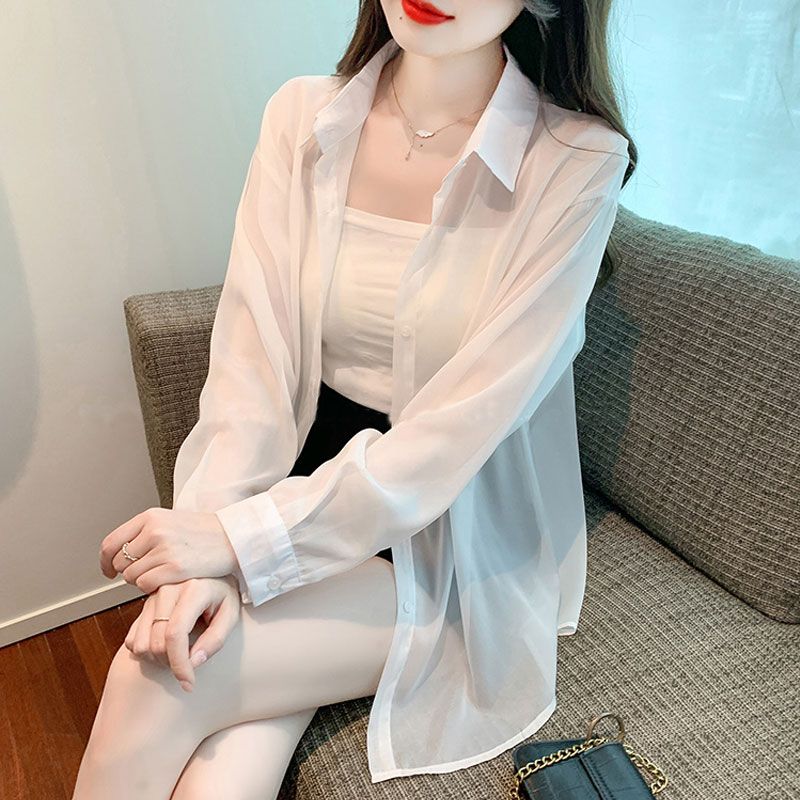 Chiffon sun protection clothing summer new thin slightly see-through cardigan high-end chic design shirt tops for women