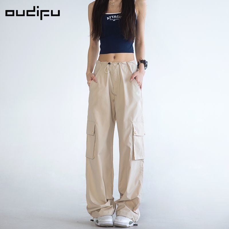 OUDIFU粉色工装裤女小个子夏季休闲裤垂感美式复古运动宽松阔腿裤