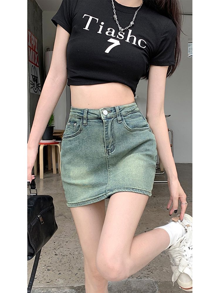 YSYOURS美式復古牛仔短裙女夏高腰顯瘦彈力大碼辣妹超短半身裙子