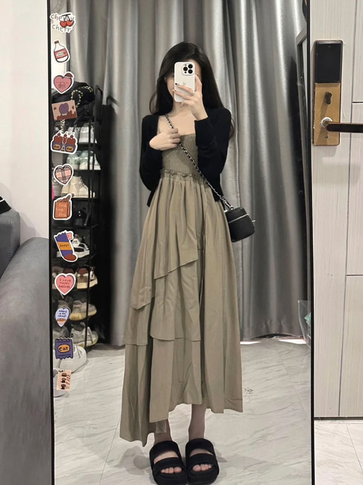 法式復古吊帶連衣裙套裝女夏季防曬開衫氣質溫柔不規則收腰長裙子