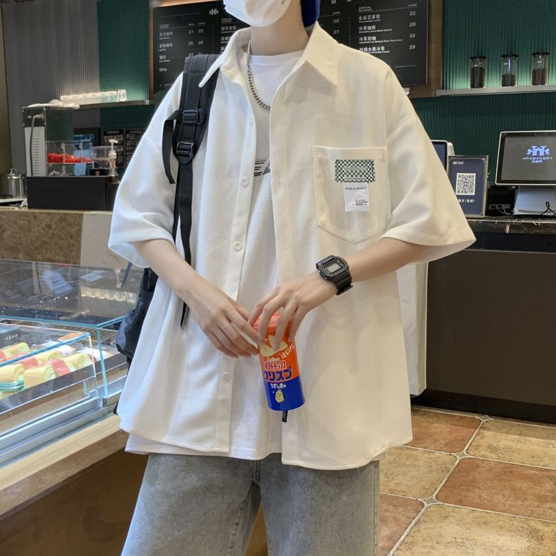 Waffle shirt men's short-sleeved design sense niche salt system Hong Kong flavor retro shirt American summer jacket ins tide