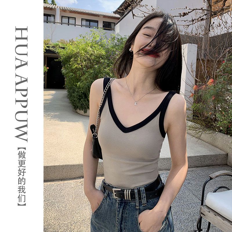 Simple French style with padded v-neck color contrast design sense of self-cultivation vest suspenders women's clothing 2023 summer new top trend