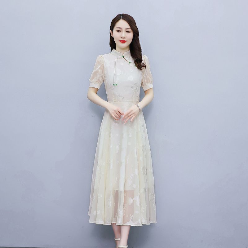 雪紡連衣裙女夏2023新款民族風立領修身顯瘦長款高腰大擺過膝裙子