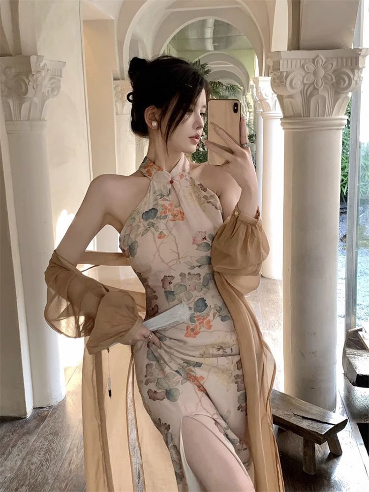 新中式國風旗袍掛脖連衣裙女夏季無袖包臀長裙設計感a字開叉裙子