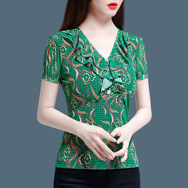 Summer printed t-shirt small shirt women's short-sleeved 2023 new summer fashion v-neck chiffon shirt slim short top tide