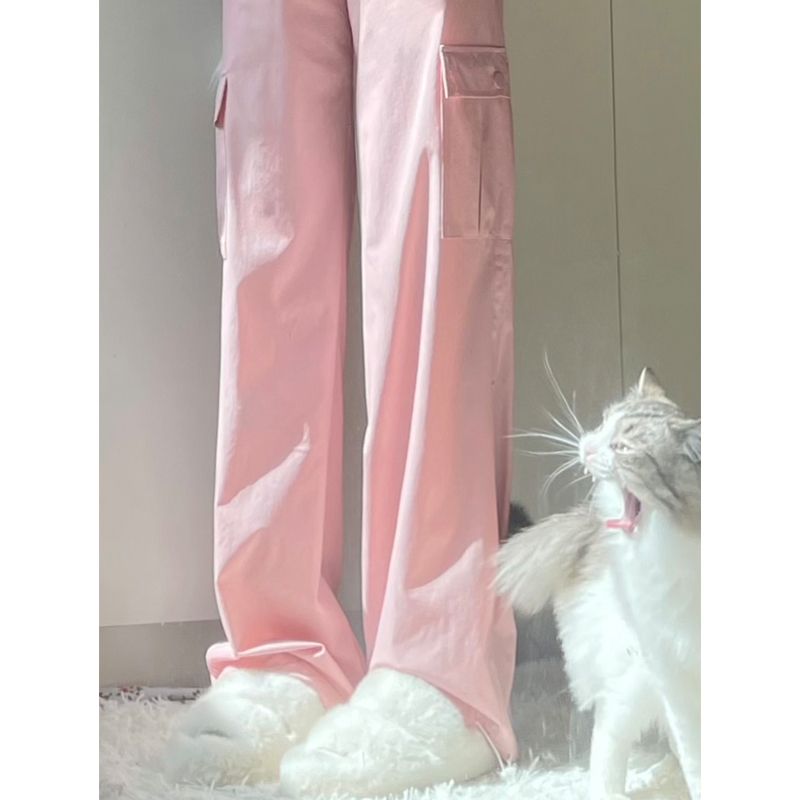Pink tie rope tooling casual pants female small summer design sense straight tube slim loose wide leg long pants trendy