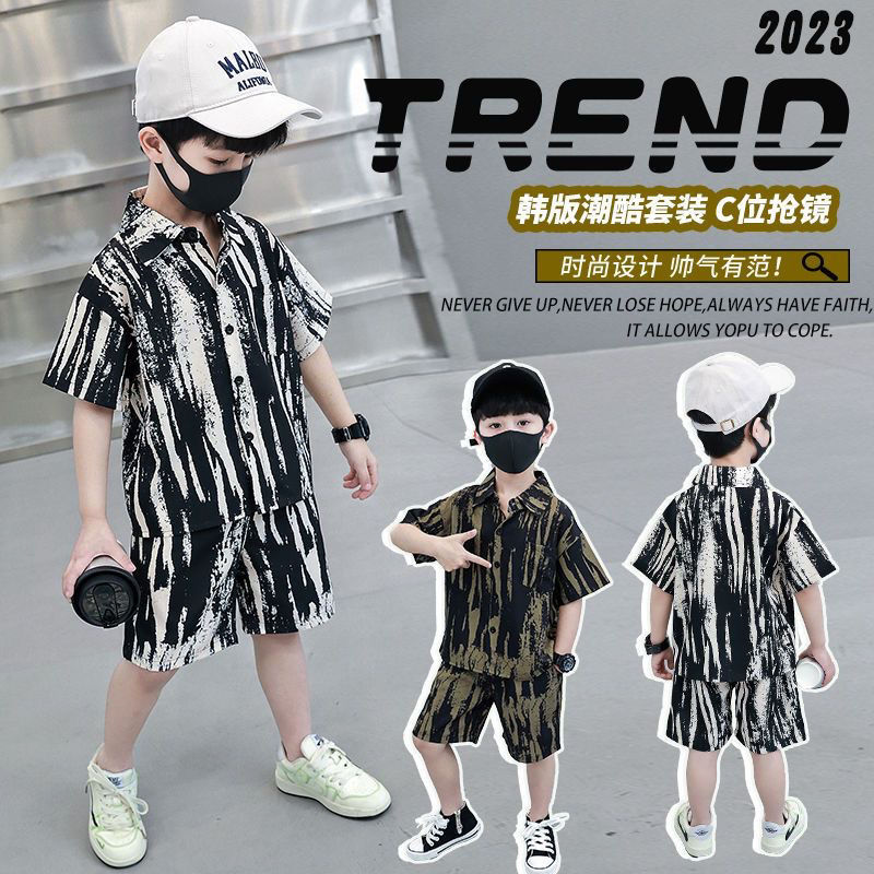 Trendy brand boys suit 2023 summer Korean style cool and handsome loose shirt children's two-piece set for small and medium-sized children