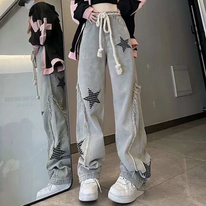 大碼國潮街頭設計感高腰星星牛仔褲女胖mm高街復古寬鬆直筒闊腿褲