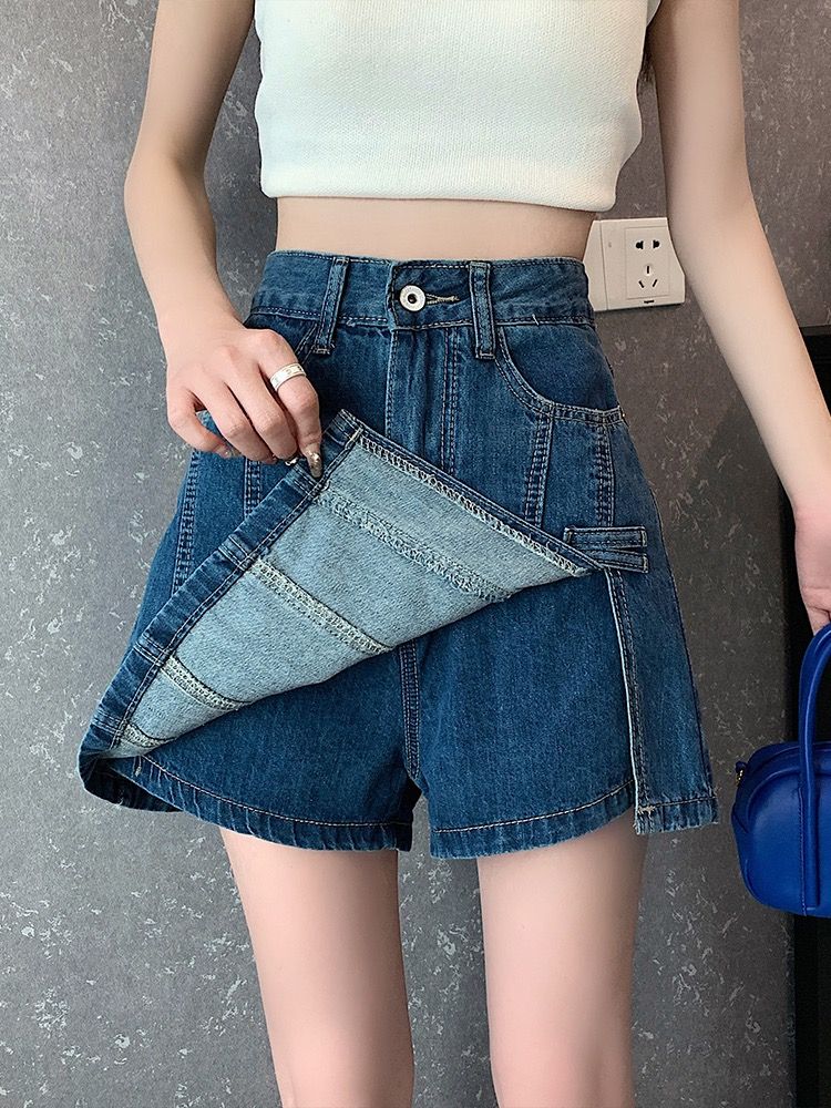 YSYOURS復古開叉牛仔短裙褲女夏高腰顯瘦A字短褲裙大碼半身短裙子