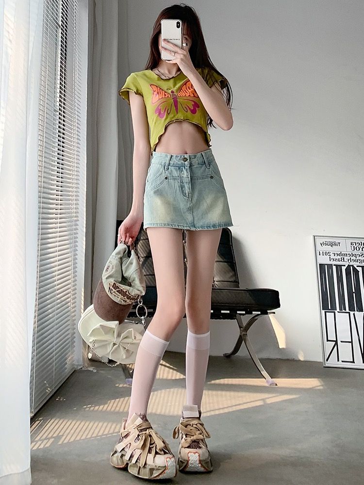 YSYOURS辣妹水洗牛仔半身裙女夏季高腰顯瘦A字裙褲大碼包臀短裙子