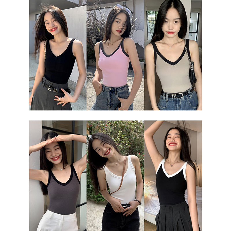 Simple French style with padded v-neck color contrast design sense of self-cultivation vest suspenders women's clothing 2023 summer new top trend