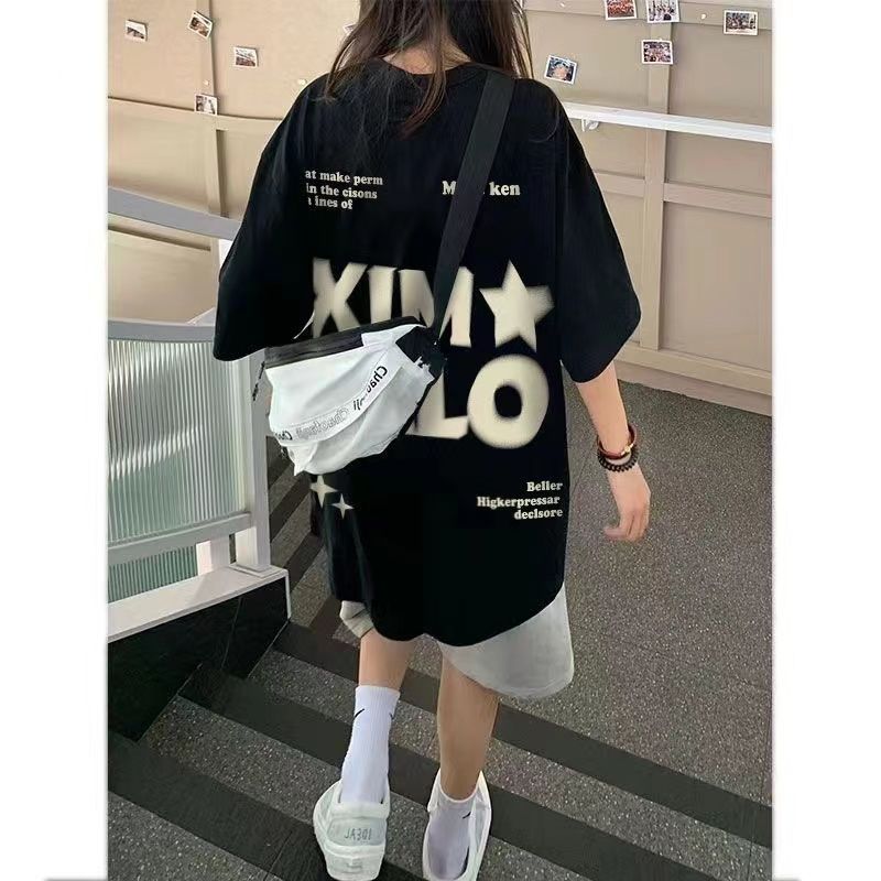 100%純棉美式高街設計感短袖t恤女夏季字母印花國潮學生寬鬆上衣