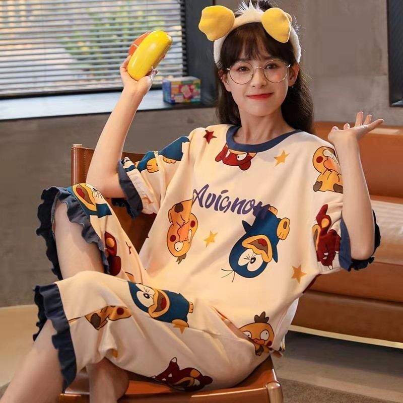 可愛睡衣女夏天居家服胖mm大碼睡衣春秋七分褲短褲可外出穿出門