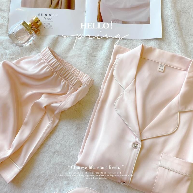 Ice silk pajamas women's summer suit simple ins style high-end short-sleeved purple summer home clothes can be worn outside