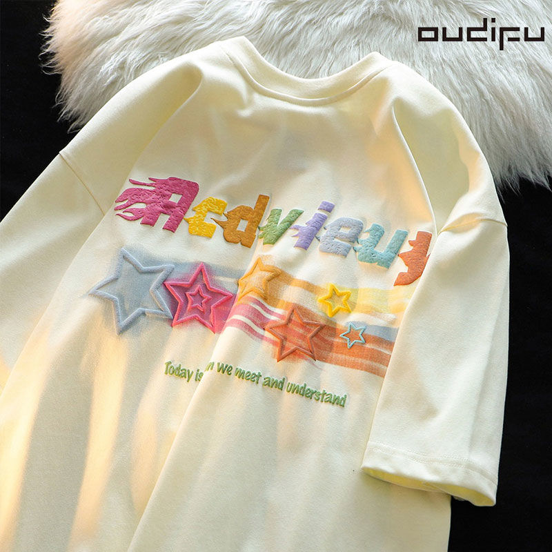 OUDIFU heavy 100% cotton short-sleeved T-shirt female 2023 summer new loose student BF tide brand ins top